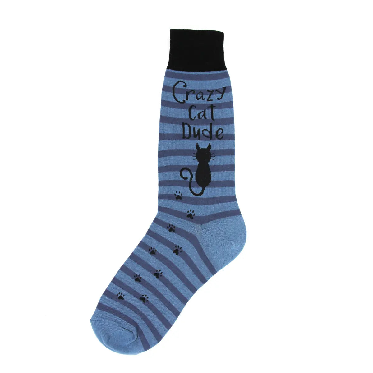 Blue striped sock with 'Crazy Cat Dude' text and cat illustration on a white background