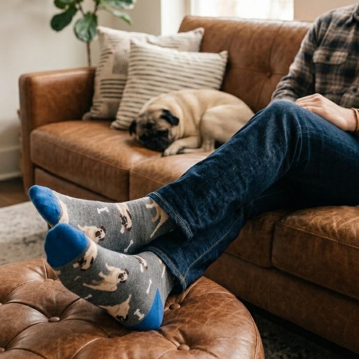 Mens Gray Crew Socks with beige and black pug dogs with bones and blue heel and toe.