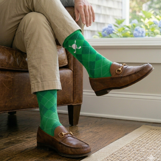 Men’s golf socks with green argyle pattern and crossed clubs graphic