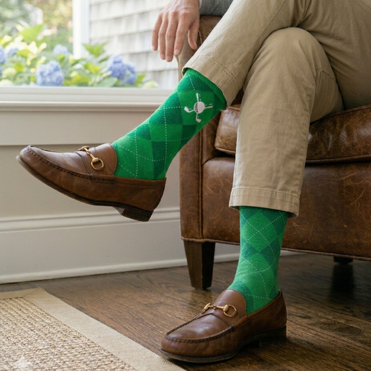 Men’s golf socks with green argyle pattern and crossed clubs graphic