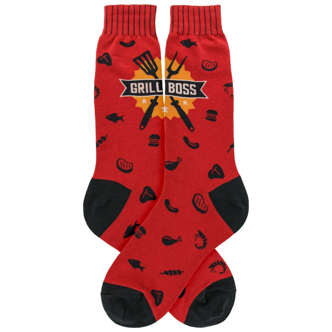 Men's grill master socks gift for dad pitmaster crew socks. "Grill Boss" text with steaks, burgers and grill tools. Red socks with orange and black accents.