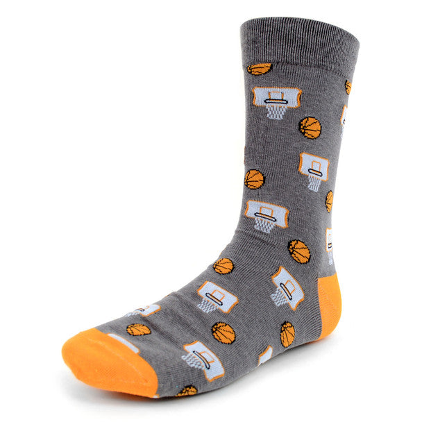 Gray men's crew socks with basketball and basketball hoop pattern and orange toe and heel accents.