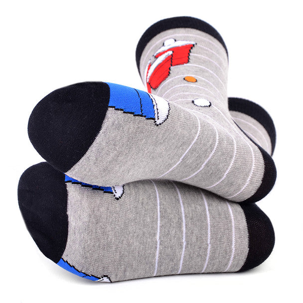 A pair of crew-length socks featuring a playful design with blue and red beer pong cups and white ping pong balls patterned on a grey background with horizontal stripes. The toe, heel, and cuff are solid black, and the socks have a ribbed texture for a snug fit. Life is Socks