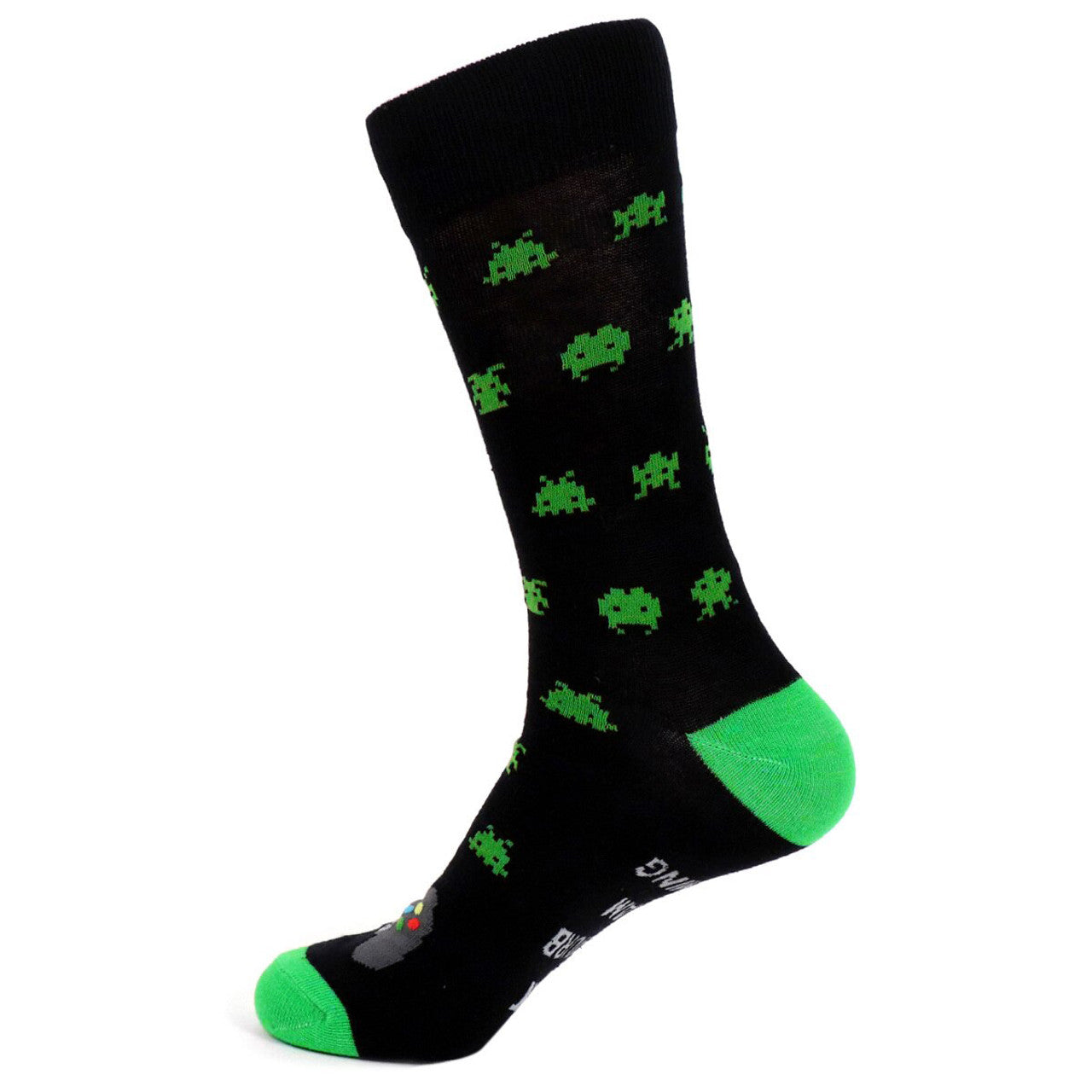 A pair of black crew-length socks with a vibrant green toe, heel, and top trim, featuring an all-over pattern of green pixelated space invaders. The soles of the socks display the phrase "DO NOT DISTURB I AM GAMING" in bold, white capital letters, and the top of the foot showcases a detailed grey gaming controller with colorful buttons. These are signature gaming socks, perfect for the avid gamer. LifeisSocks.com