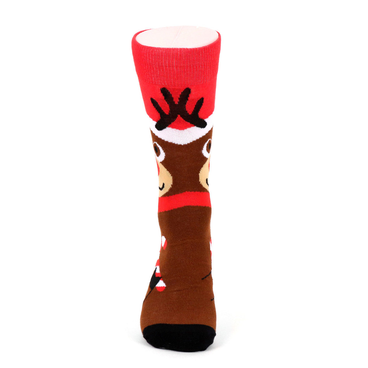 A pair of men's crew socks featuring a design inspired by Rudolph the Red-Nosed Reindeer. The socks have a brown base with Rudolph's face near the top, complete with a red nose, black eyes, and antlers. The toe and heel are black, and there are candy cane motifs on the foot. The top of the socks is red with a white band, resembling Rudolph's festive hat.