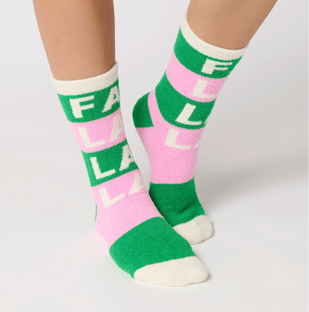 Women's Fuzzy Fa La La La Socks- Pink & Green Socks Christmas Gift