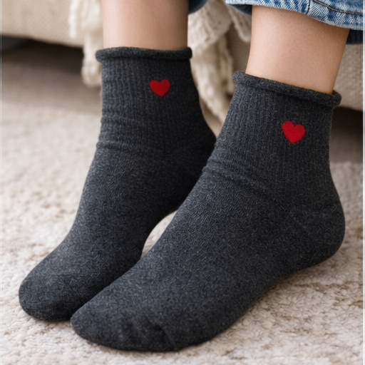 Person wearing dark gray socks with red hearts and blue jeans on a light-colored carpet.