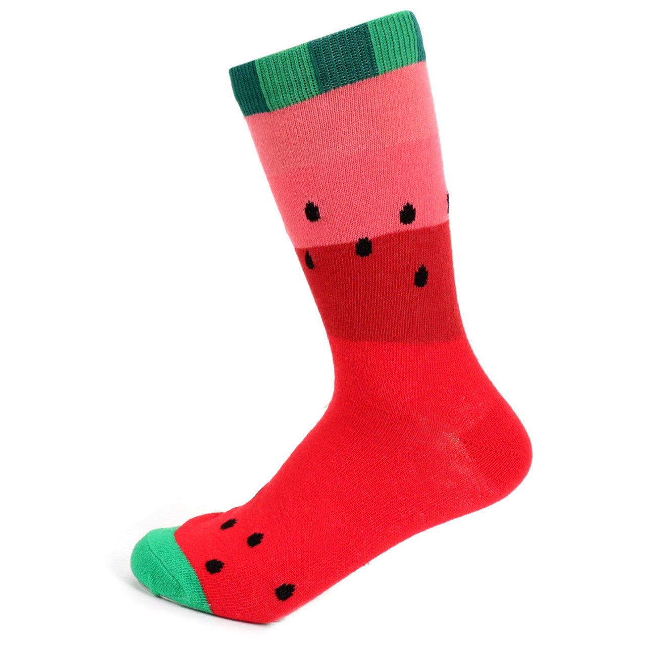 Vibrant red ankle socks with a watermelon-inspired design, featuring a green cuff, black seed details over the red base, and a green toe cap.