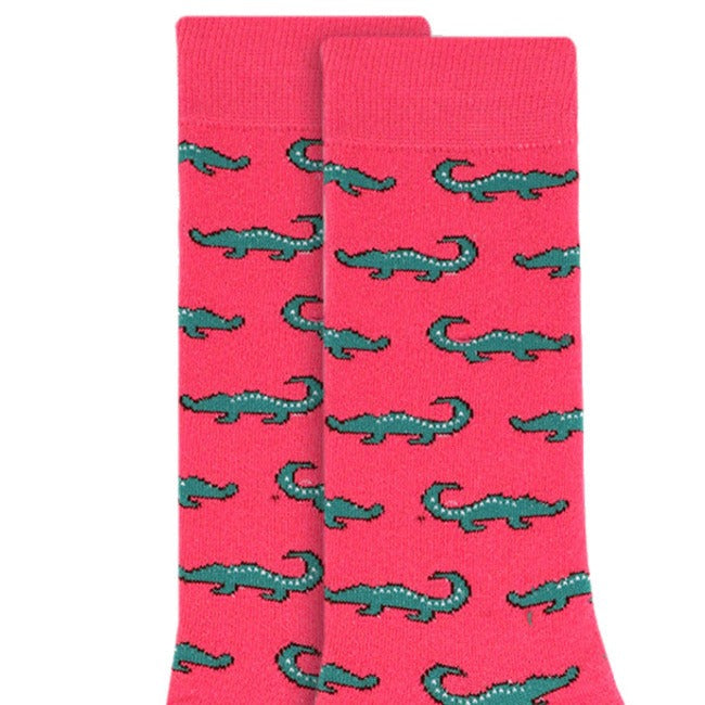 Men's Alligator Print Crew Sock - Pink & Green - detail image