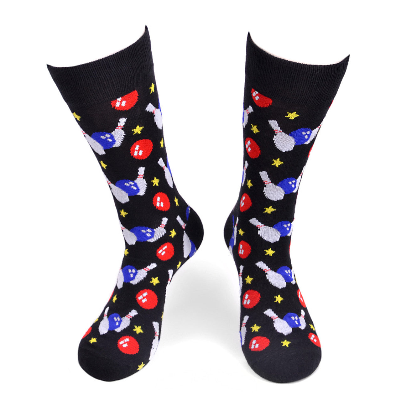 Mens black socks with colorful bowling pin and ball pattern.