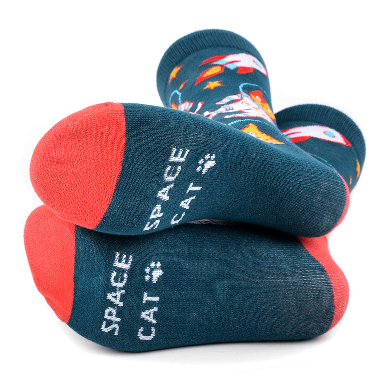 Men's Cat Astronaut crew socks - blue socks with Space Cat, Spaceship and Stars. Red heel and toe. Bottom of sock shown with "Space Cat" text.