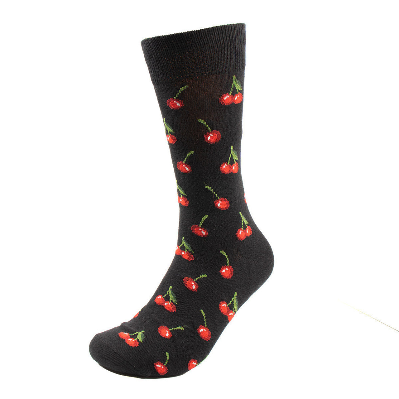 Men's Cherry crew socks - black socks with red cherry pattern.