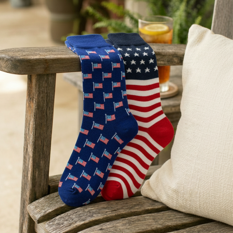 Blue socks with all over American Flag Print. Socks with red and white stripes and blue with white stars is in a separate listing.