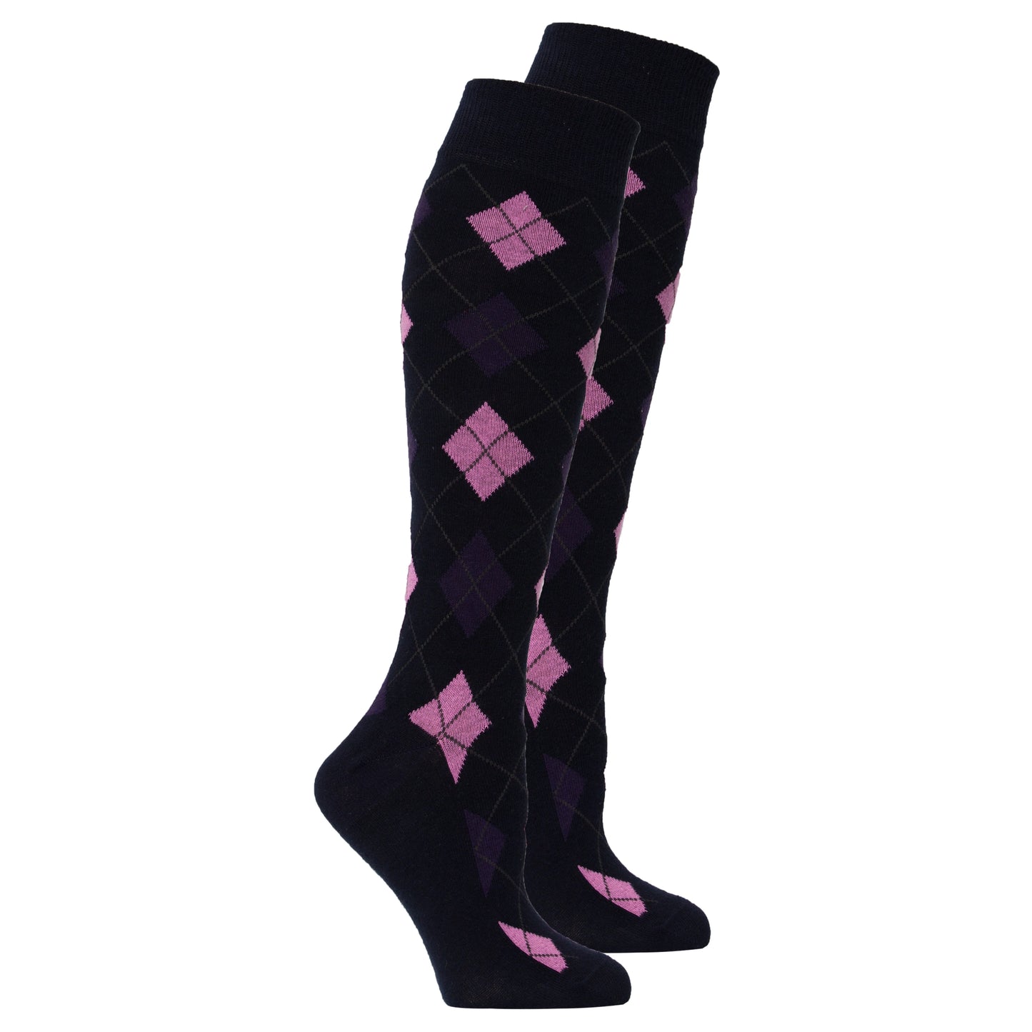 Women's Black Purple Diamond Argyle Knee High Socks