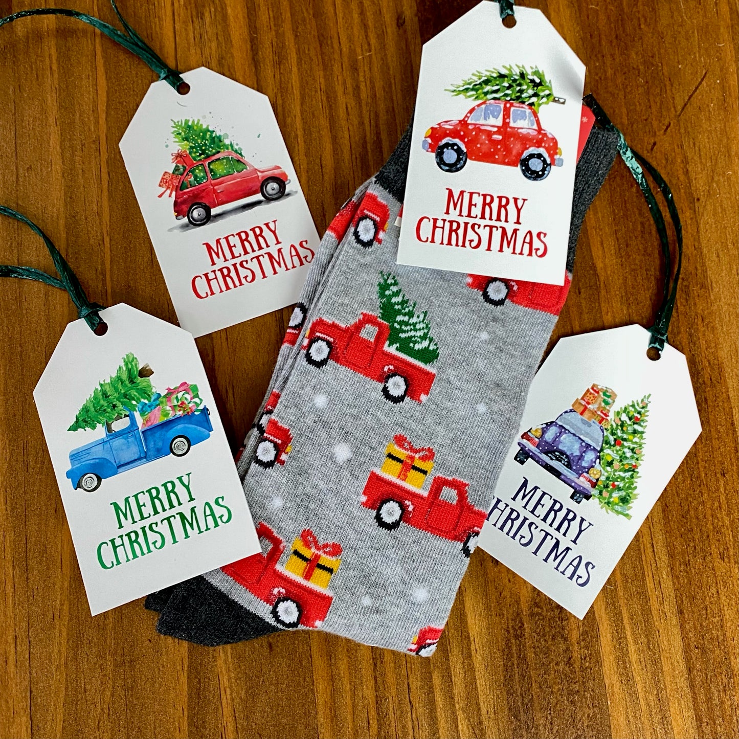Set of 4 Merry Christmas Gift Tags - Retro Trucks Cars and Christmas Trees