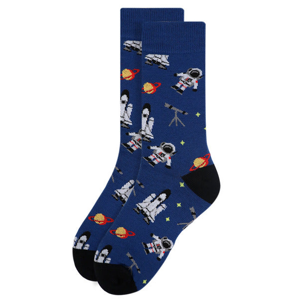 A pair of blue socks featuring playful patterns of astronauts, rockets, planets, telescopes, and stars.