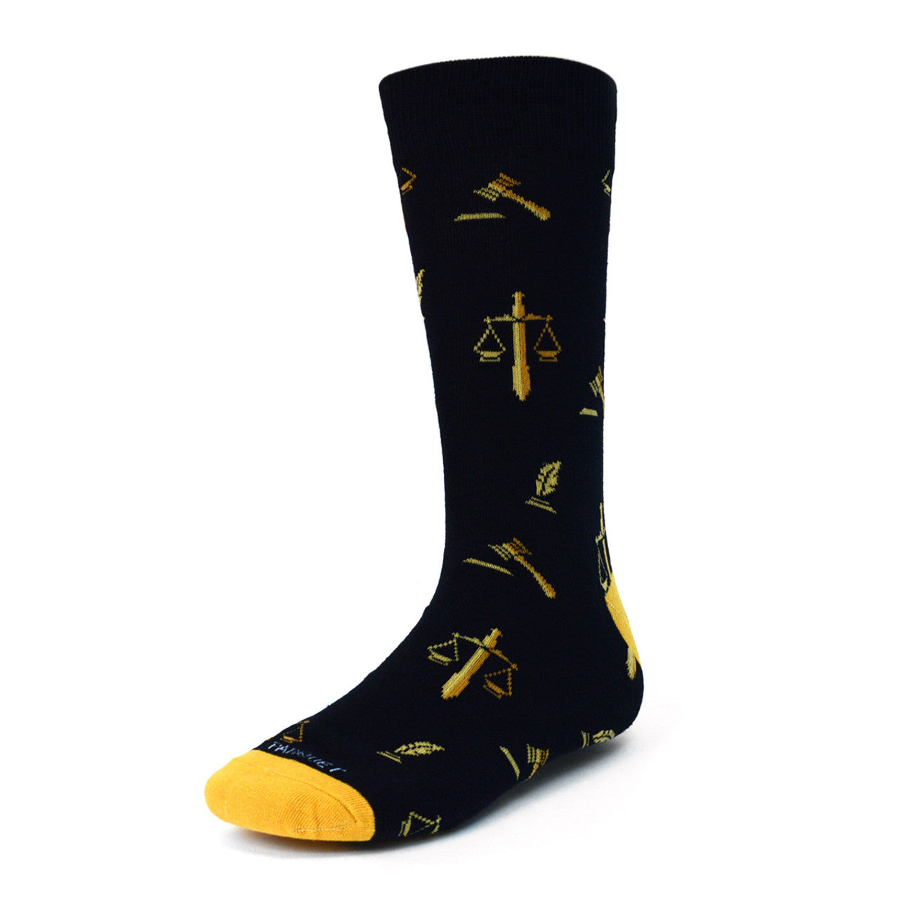 Pair of black lawyer-themed socks featuring gold scales of justice, quill, and gavel symbols, designed for legal professionals and bar exam candidates.