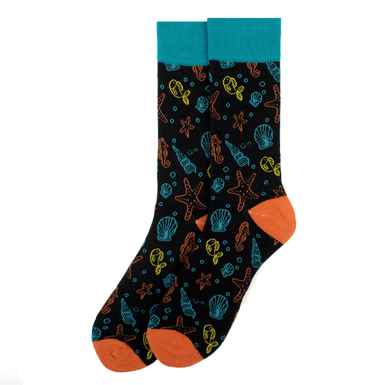 Men's Ocean Theme Crew Sock - Fish Starfish Shells Black