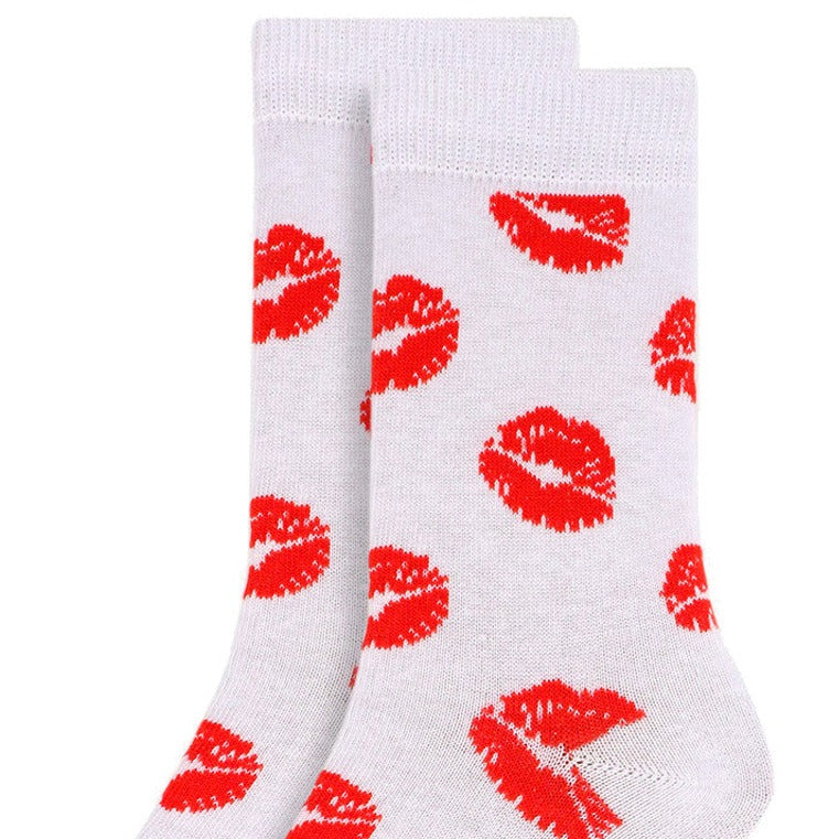 Women's White Socks with Red Lips Print - Kissing