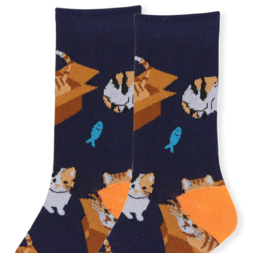 Women's Cat in a Box Fish Crew Sock - Blue