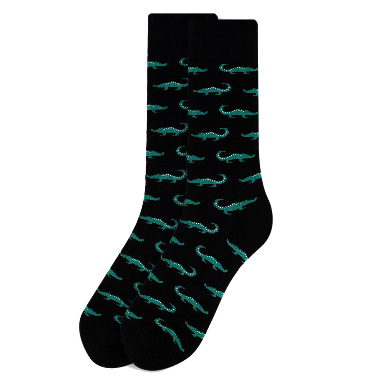Men’s black crew socks with green alligator pattern