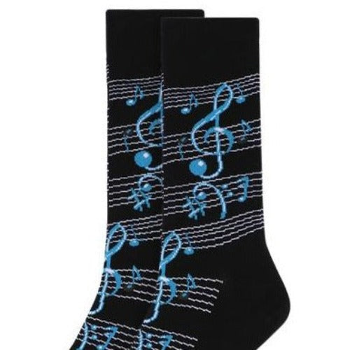 A pair of black socks with blue musical notes and staff lines. These blue men's crew socks feature a repeating pattern of treble clefs and musical notes, creating a stylish and harmonious design.