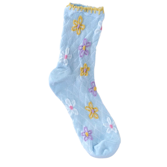 Women's Blue Embroidered Flower Socks