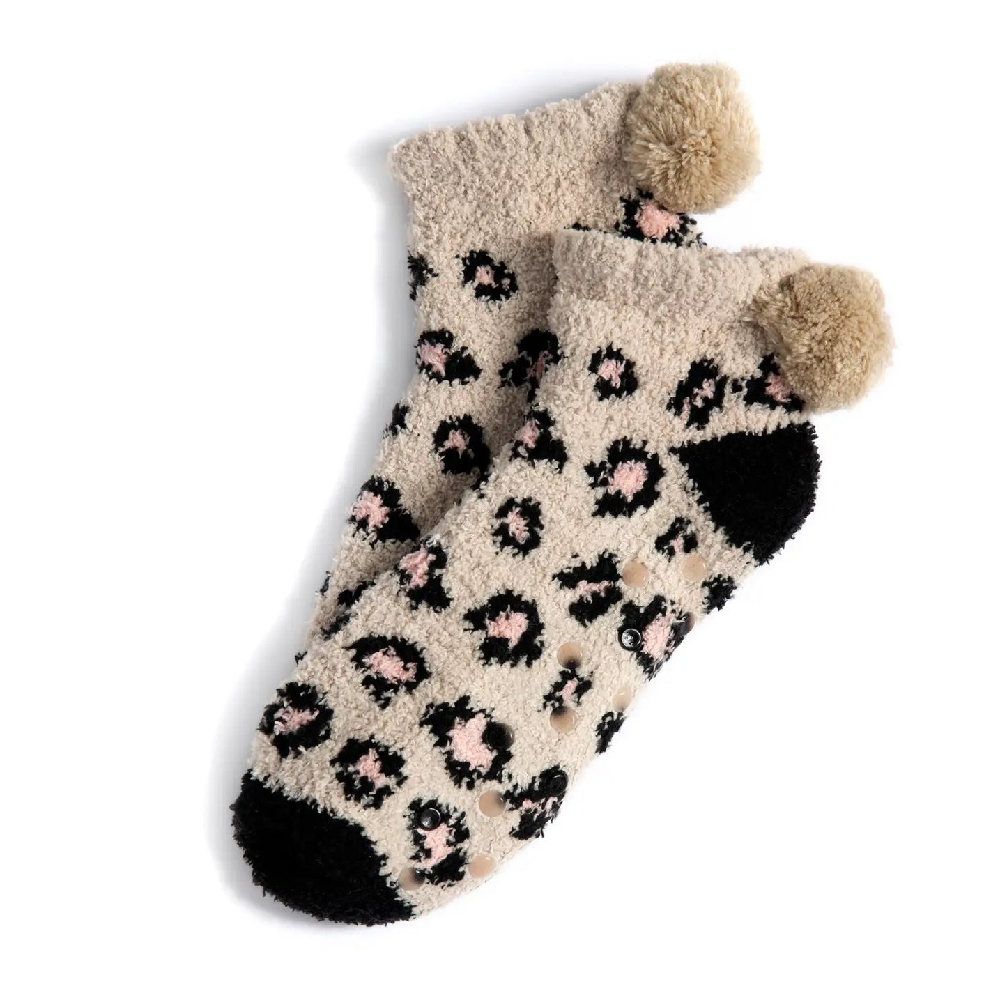 Womens Pom Pom Socks with Grippers - Leopard Print Taupe Black Pink