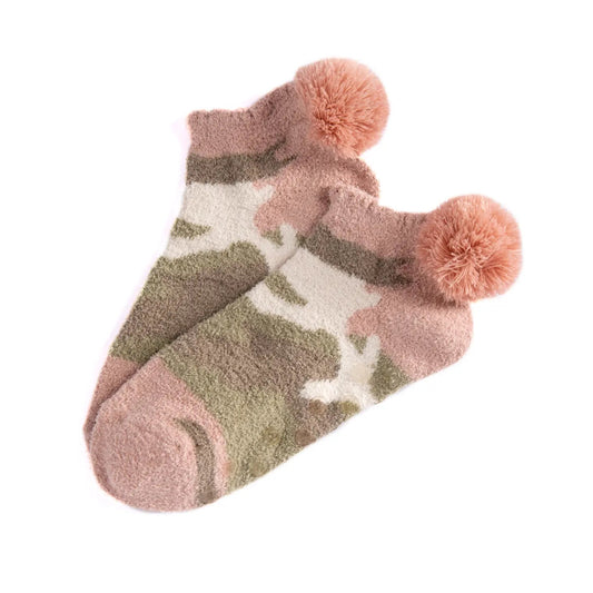 Womens Pom Pom Socks with Grippers - Camo Blush Pink, Tan  & Cream