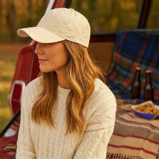 Woman wearing a beige cap and sweater sitting by an open car trunk with snacks and drinks.