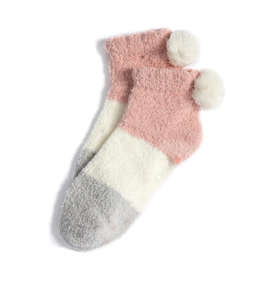 Womens Pom Pom Socks with Grippers - Color Block Pink, Grey and White Stripe