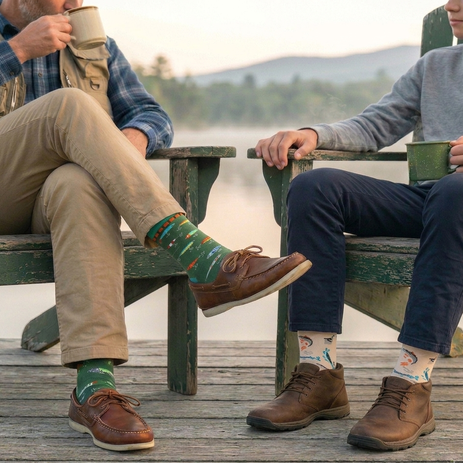 Mwnsa fishing sock. Left pair is green with multicolor fishing lures. Right pair is beige with multi color fish and "keepin' it reel' text.