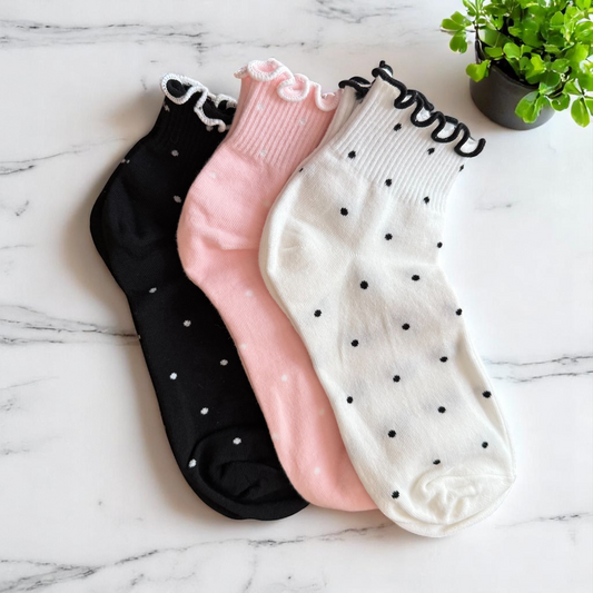 Womens Polka Dot Socks with Ruffle Frills, Ankle Socks, Cotton Blend, Black, Pink or White