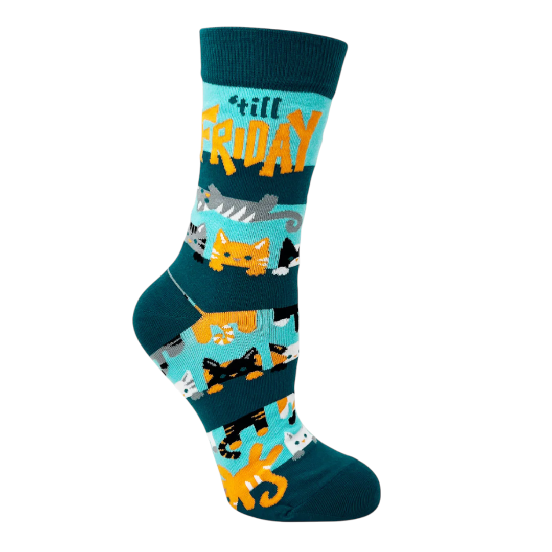 Sock with cat pattern and 'Till Friday' text on a white background