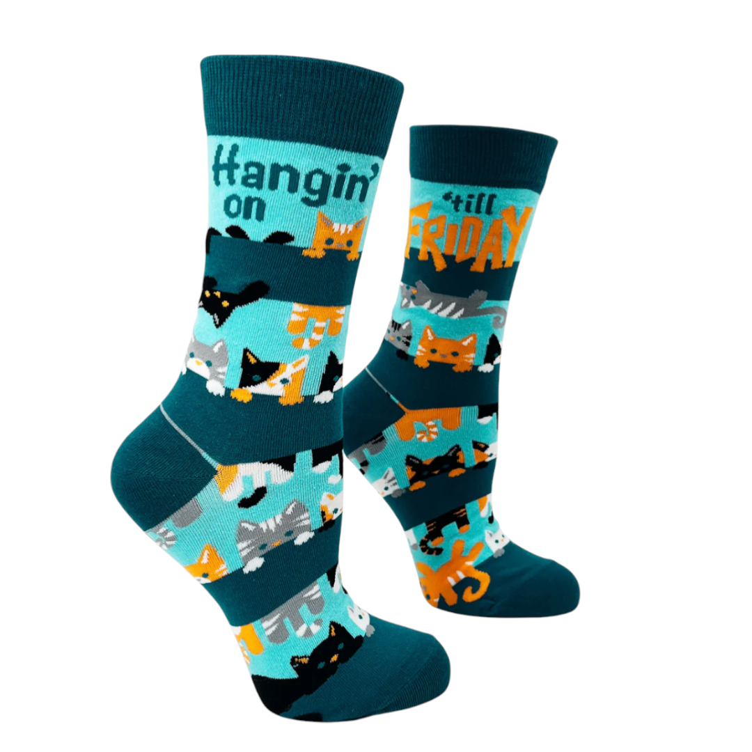 Hangin’ On Til Friday cat crew sock in teal and aqua with colorful cats pattern