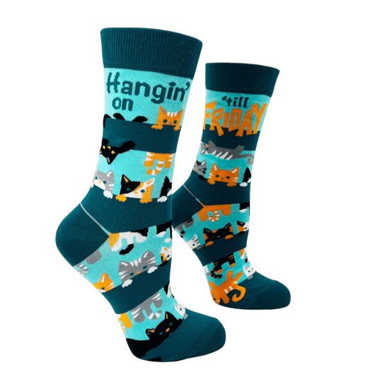 Hangin’ On Til Friday cat crew sock in teal and aqua with colorful cats pattern