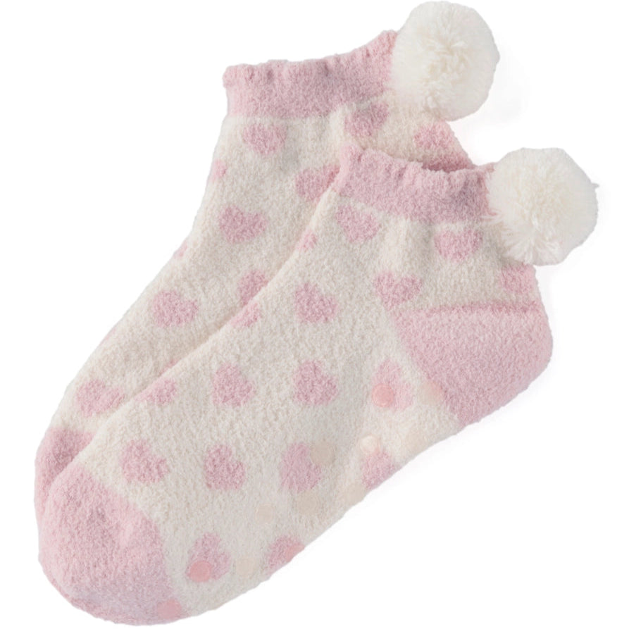 Women's Heart Socks with Pom Poms and Grip Bottom - Pink and White