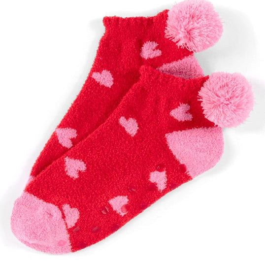 Women's Heart Socks with Pom Poms and Grip Bottom - Red and Pink