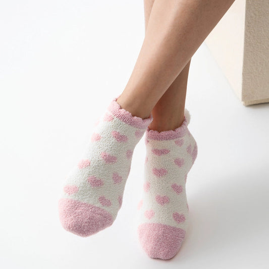 Women's Heart Socks with Pom Poms and Grip Bottom - Pink and White