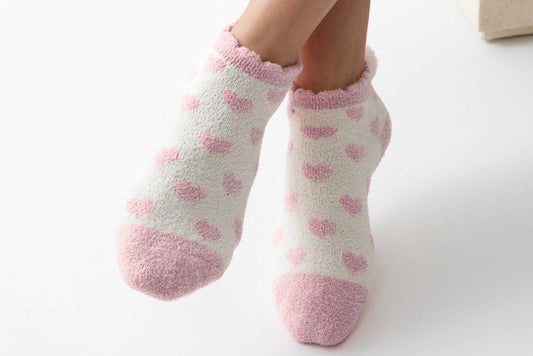 Women's Heart Socks with Pom Poms and Grip Bottom - Pink and White