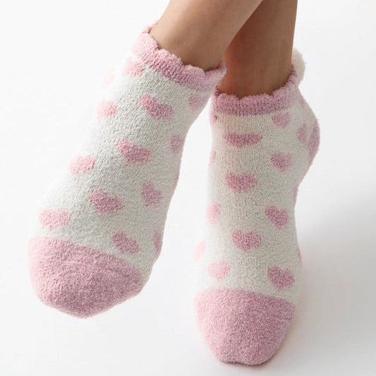 Women's Heart Socks with Pom Poms and Grip Bottom - Pink and White
