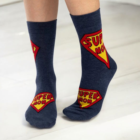 Women's Super Mom Socks - Navy Blue Comic
