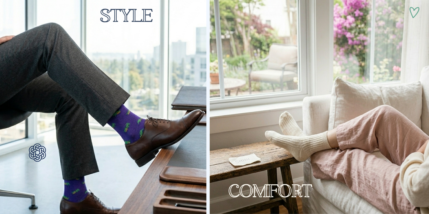 Two images side by side; one showing a person wearing stylish socks from Life is Socks and   the other showing a woman wearing cozy cashmere wool socks.