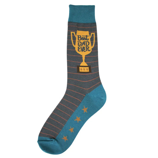 Men's best dad ever socks. Gray socks with golden trophy and striped pattern with starts on the sole.