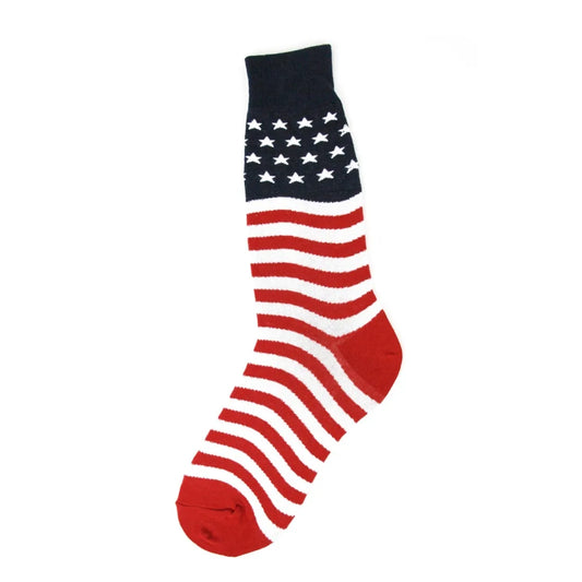 Men’s American flag socks with stars and stripes pattern.