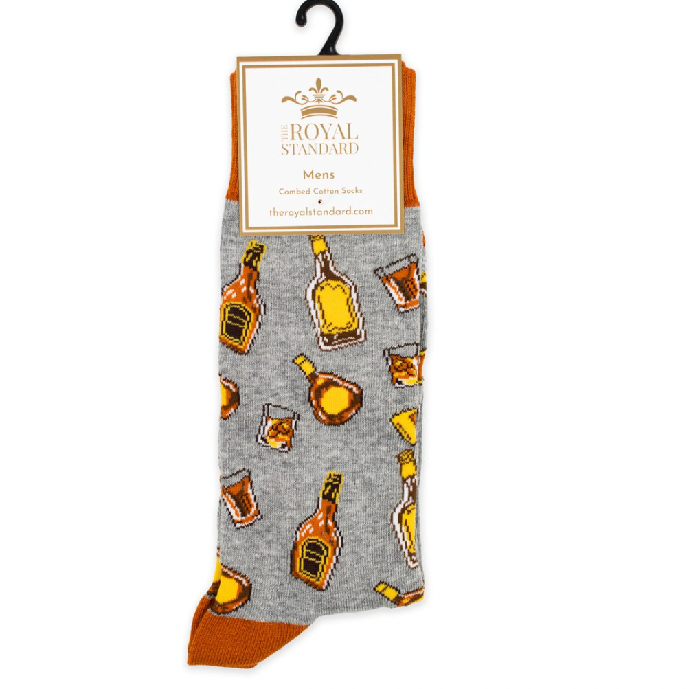 Men’s grey socks with bourbon and whiskey bottles and rocks glass pattern.