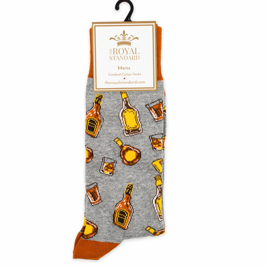 Men’s grey socks with bourbon and whiskey bottles and rocks glass pattern.