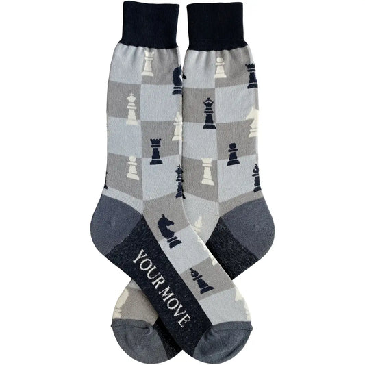 Men’s chess socks with classic black and white piece pattern with "YOUR MOVE" on sole of socks.