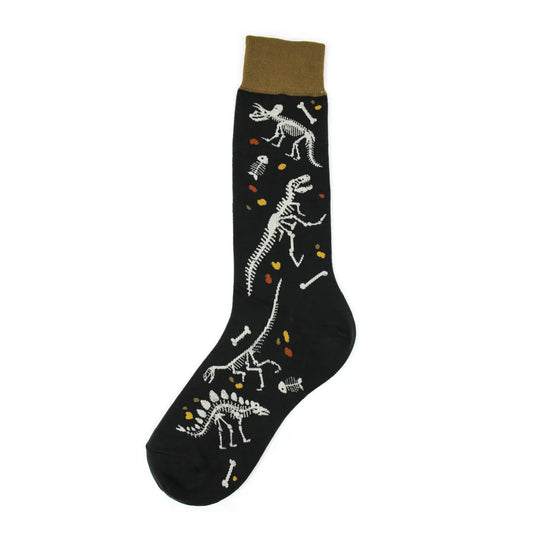 Men’s dinosaur fossil socks with T-Rex and Triceratops skeleton pattern. Black socks with brown trip and white fossil print with gold and red rust specs.