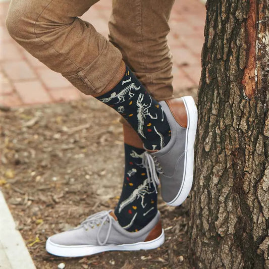Men's Dinosaur Fossil Socks | Men's Prehistoric Skeleton Novelty Crew Socks Gift